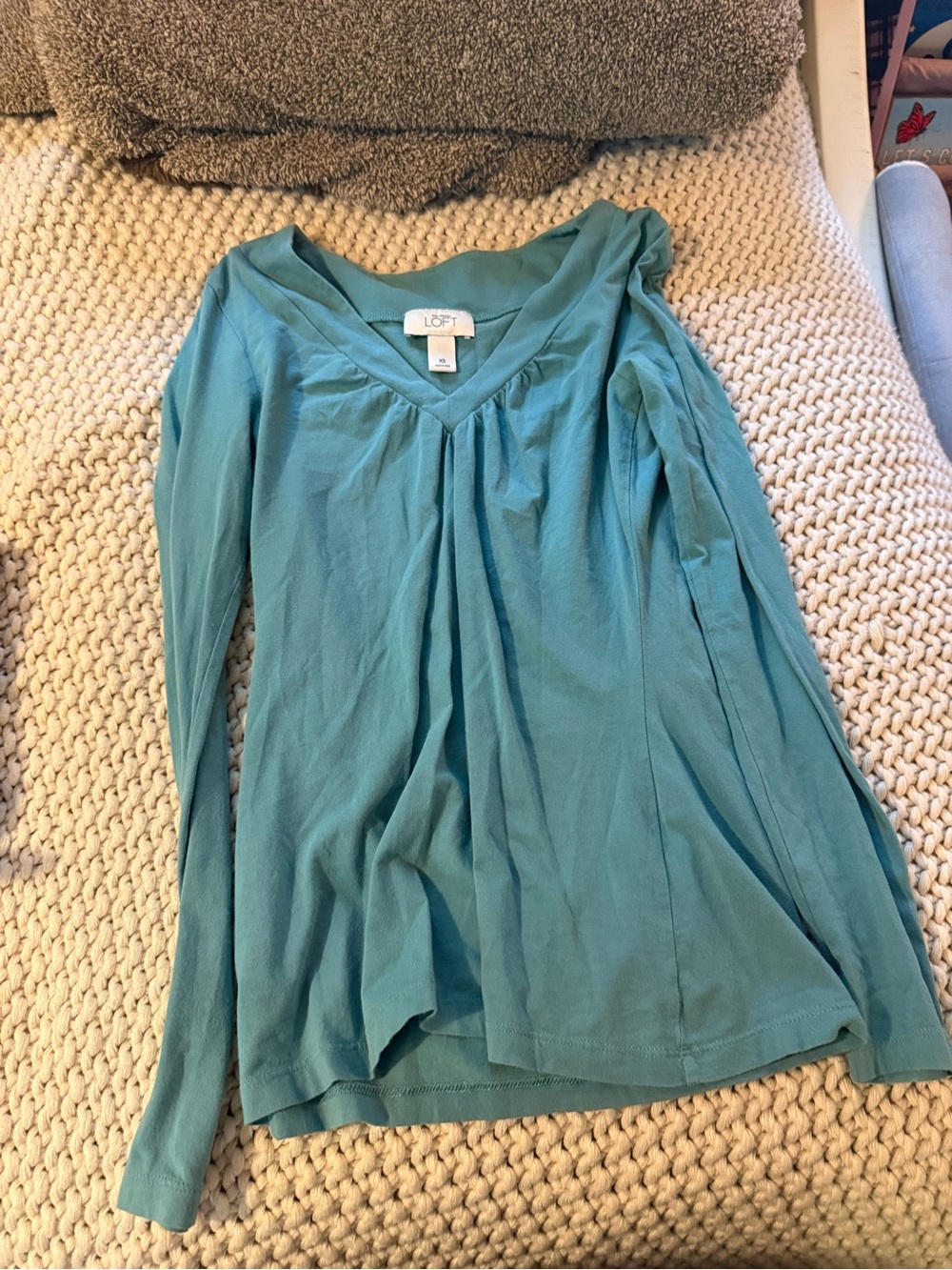 LOFT Teal V-Neck Long-Sleeve Pleated Top